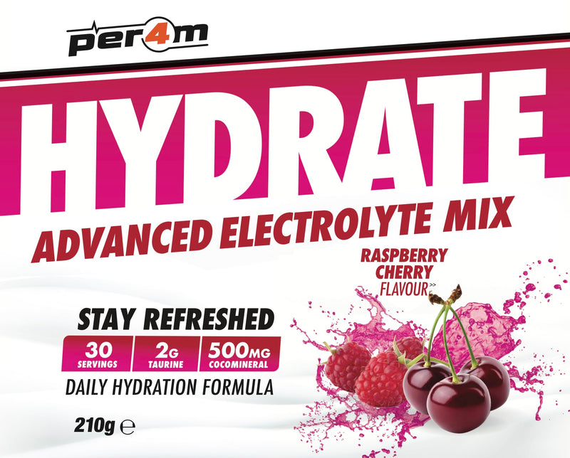 Per4m Hydrate Electrolyte Mix Powder | 500mg Cocomineral to Replenish Essential Electrolytes | Muscle Function, Cardiovascular Health, Neurological Support | 210g (Raspberry Cherry) Raspberry Cherry
