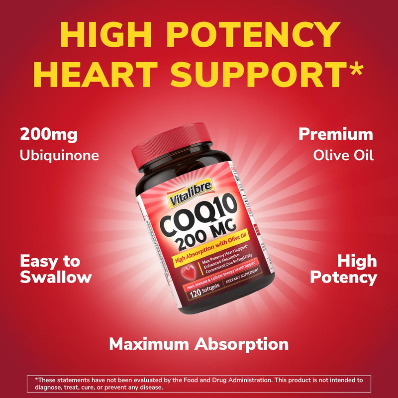 Vitalibre CoQ10 200 mg, with Extra Virgin Olive Oil, High Absorption CoQ10 Ubiquinone, Max Potency Heart & Cellular Energy Support, Powerful Antioxidant, Easy to Swallow, Once Daily, 120 Softgels 120 Count (Pack of 1)