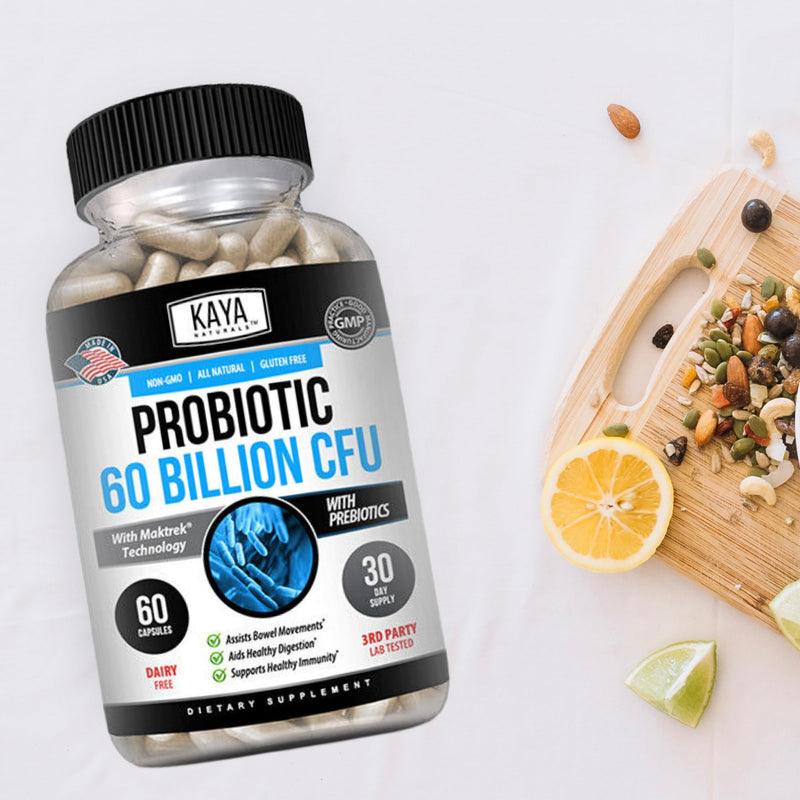 Kaya Naturals Probiotic 60 Billion CFU - Probiotics for Women, Probiotics for Men and Adults, Natural - Gut Health & Immune Support Supplement - Provides Digestive Support - 60 Vegetable Capsules 60 Count (Pack of 1)