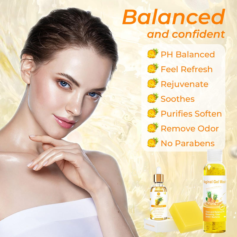 [Australia] - Feminine Wash & Yoni Oil & Yoni Soap Set for Women, Yoni Wash for Vaginal Ph Balance Remove Odor Moisturizing, 1.17 Fl.Oz Feminine Oil & 5.07 Fl.Oz Vaginal Wash 3.53oz Yoni Soap Bar, Pineapple Scent Wash Soap Oil 