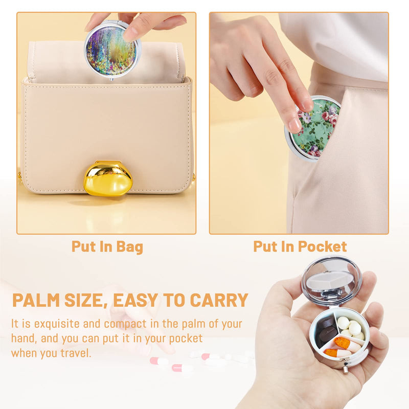 4 Pack Elegant Small Pill Box, 3 Compartments Pill Case for Purse Pocket with Mirror, Metal Travel Portable Medicine Tablet Vitamin Holder Organizer Container, Style A