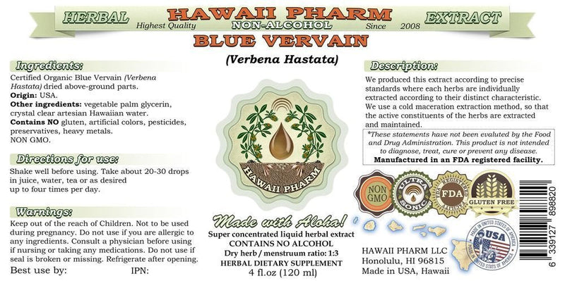 [Australia] - Hawaii Pharm Blue Vervain Alcohol-FREE Liquid Extract, Organic Blue Vervain (Verbena Hastata) Dried above-Ground Parts Glycerite Natural Herbal Supplement 2 oz 2 Fl Oz (Pack of 1) 