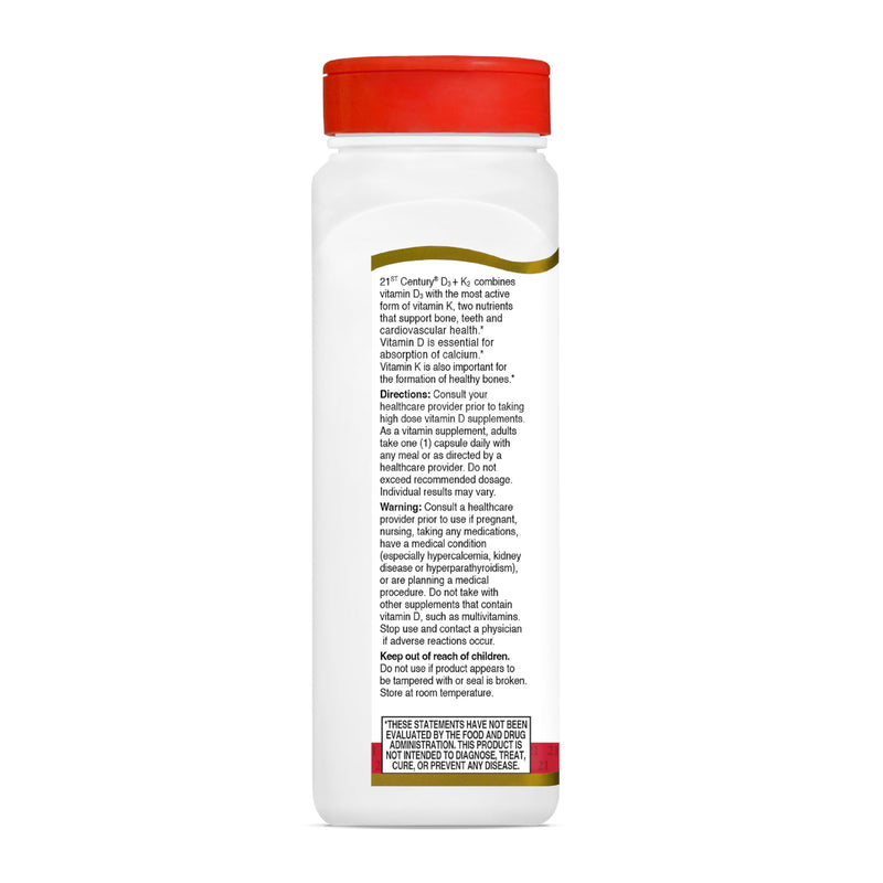 21st Century Vitamin D3 125 mcg (5000 IU) + K2 100 mcg Capsules, 120 Count, Bone, Teeth & Heart Support, Non-GMO, Milk, Lactose, Soy, Wheat, & Gluten Free