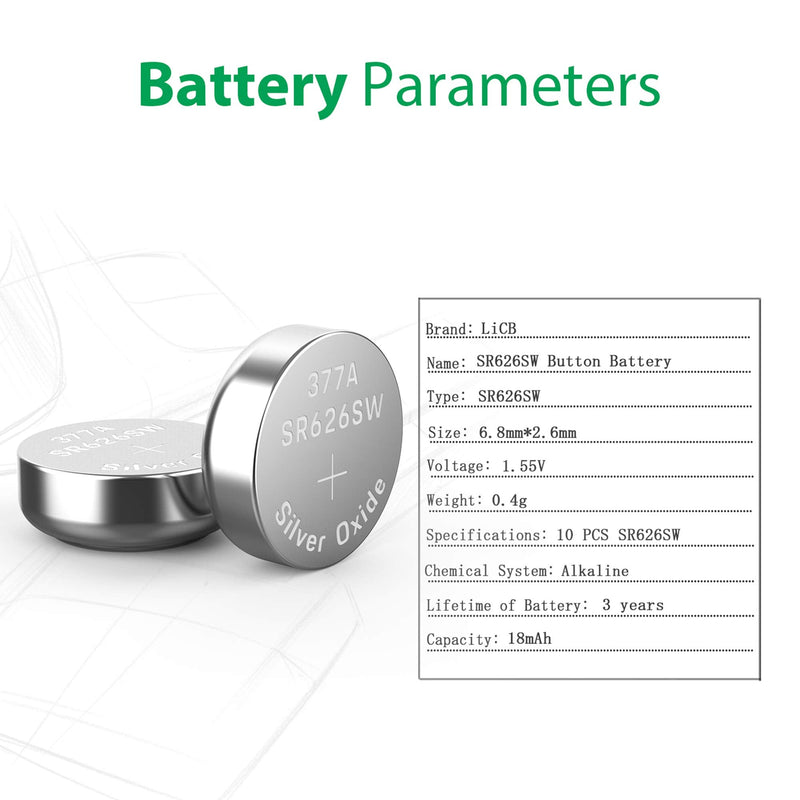 LiCB 10 Pack SR626SW 377 Watch Battery,Long-Lasting & Leak-Proof,High Capacity Silver Oxide 1.55V Button Cell Batteries for Watch