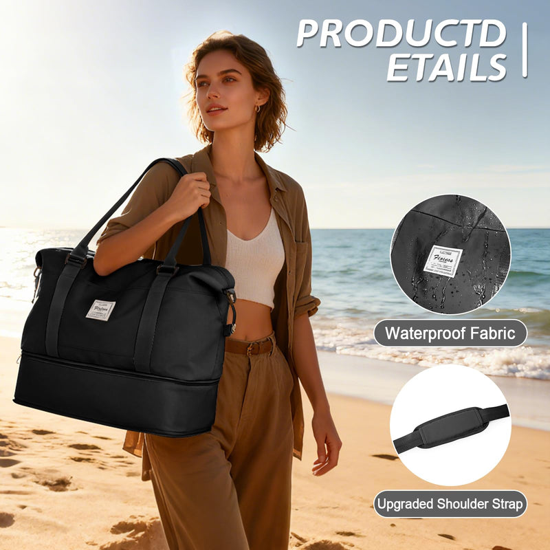 Travel Duffel Weekender Bag Women Tote Carry On Bags With Shoe Compartment | 18x14x8 inches Travel Overnight Bags with Trolley Sleeve for Airplanes Sport Tote Gym for Men Lightweight Daypack Black..