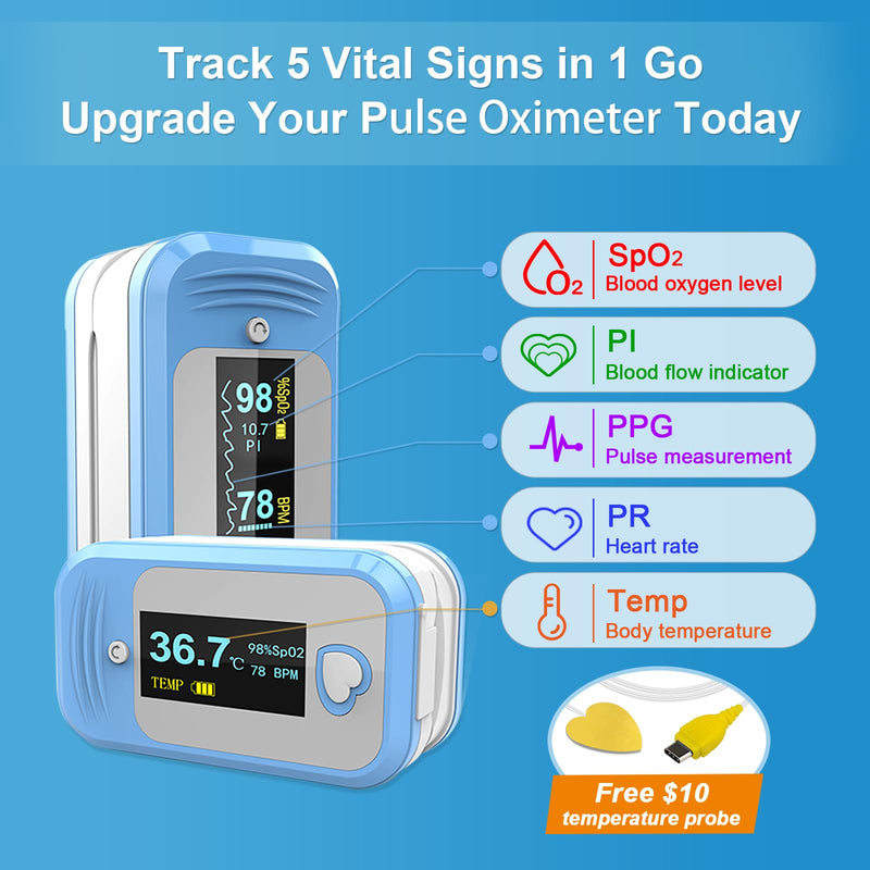 AM801 Pulse Oximeter, 5-in-1 Finger Oxygen Monitor, Measures Blood Oxygen, Temperature, Pulse Rate, Perfusion Index, Plethysmograph, OLED Display SpO2 Oxygen Reader with Storage Pouch