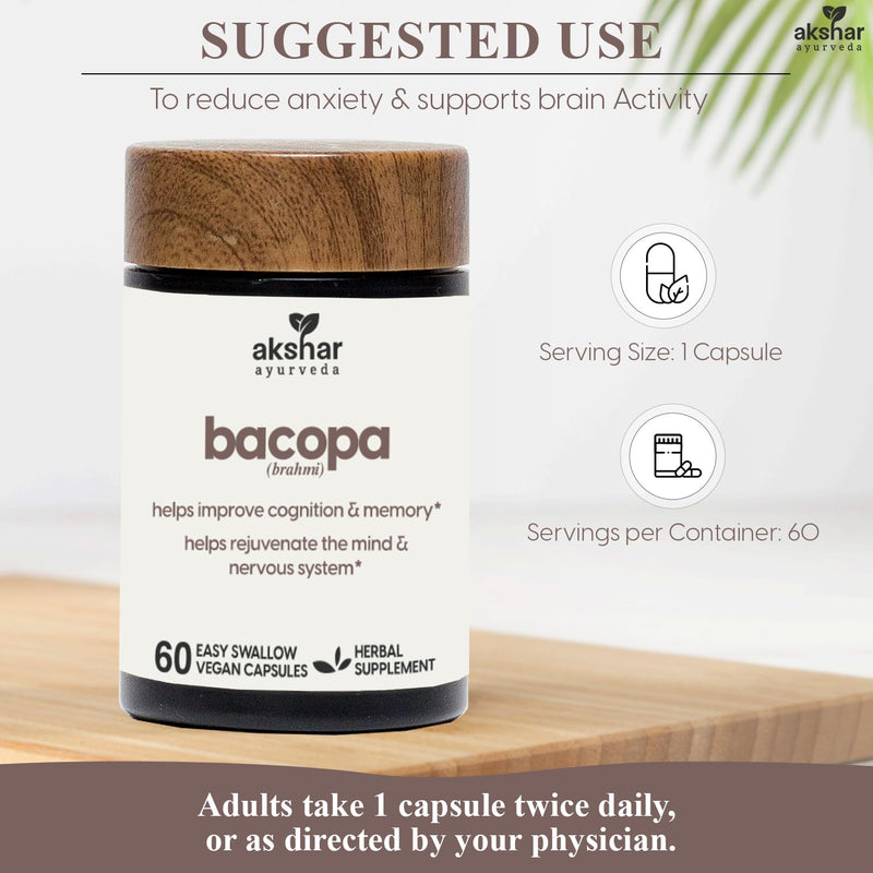 [Australia] - AKSHAR Ayurveda - Bacopa 500mg Brahmi Supplement, Rejuvenate System, Bacopa Pills to Support Cognitive Function for Adults, Vegan Cruelty Free Bacopa Monnieri (60 Count) 