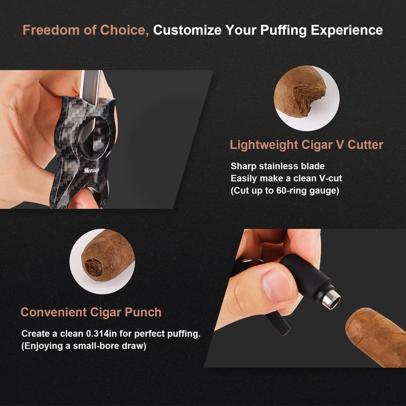 [Australia] - Travel Cigar Humidor Box Set with Cigar V Cutter, Cigar Punch, Cigar Holder, Cigar Drawer Enhancer, Humidifier & Hygrometer, Portable Outdoor Cigar Case with Cigar Accessories Kit, Cigar Gifts for Men Large Black 