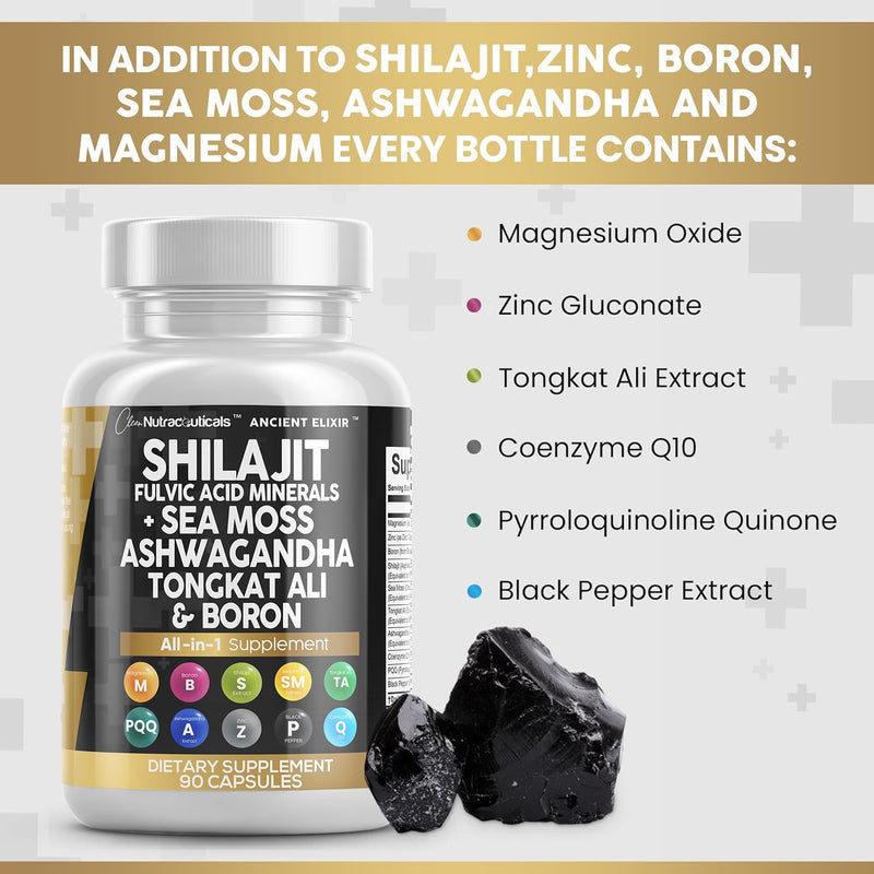 [Australia] - Shilajit Supplement 10,000mg with Sea Moss 6000mg, Ashwagandha 6000mg, Tongkat Ali, Boron, Magnesium - Fulvic Acid Capsules for Men - 90 Count 