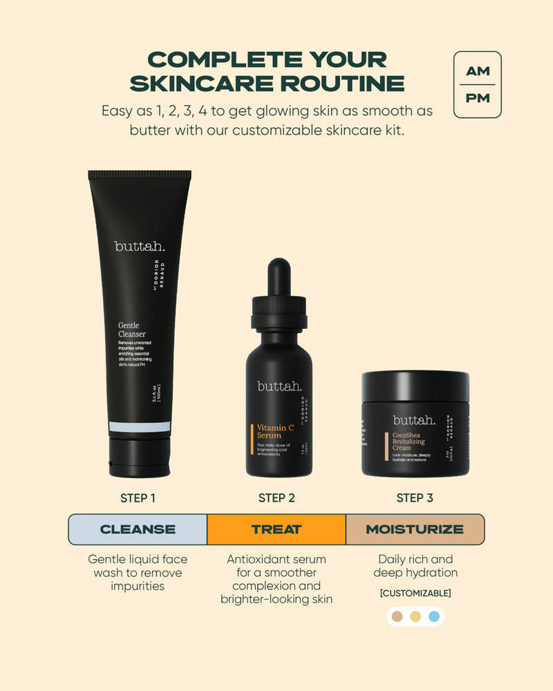 [Australia] - Buttah Skin Transforming Kit for Melanin Rich Skin | CocoShea Revitalizing Cream 2 oz | Vitamin C Serum 1 oz | Buttah Cleanser 3.4 oz | Black Owned Skincare CocoShea Cream 