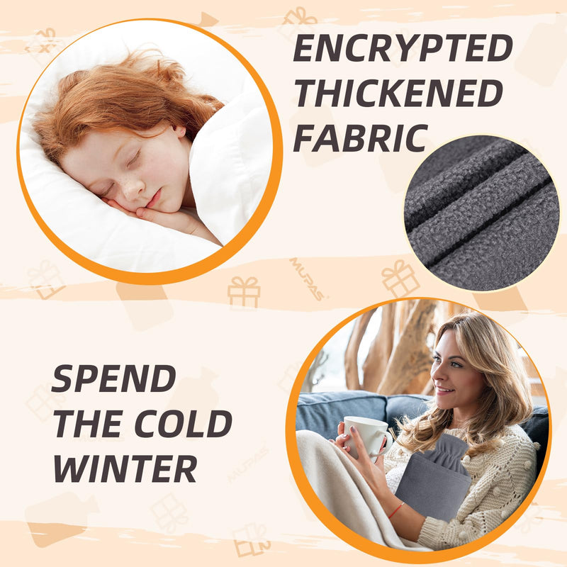 [Australia] - MUPAS hot water bottle with fleece cover - 2L large leak-proof bed bottle - soft hot water bottles with kangaroo bag + natural rubber - hot water bag for children and adults - for pain relief (grey) grey 