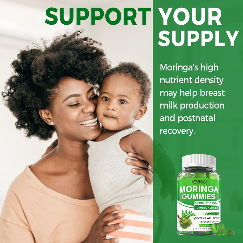 Moringa Gummies for Women Men w/Probiotic Turmeric Ceylon Cinnamon, 60ct | Organic Pure Moringa Leaf Gummy Supplement w/ 10 Billion CFU Probiotics & Ginger for Gut & Immune Support - Vegan, Sugar Free