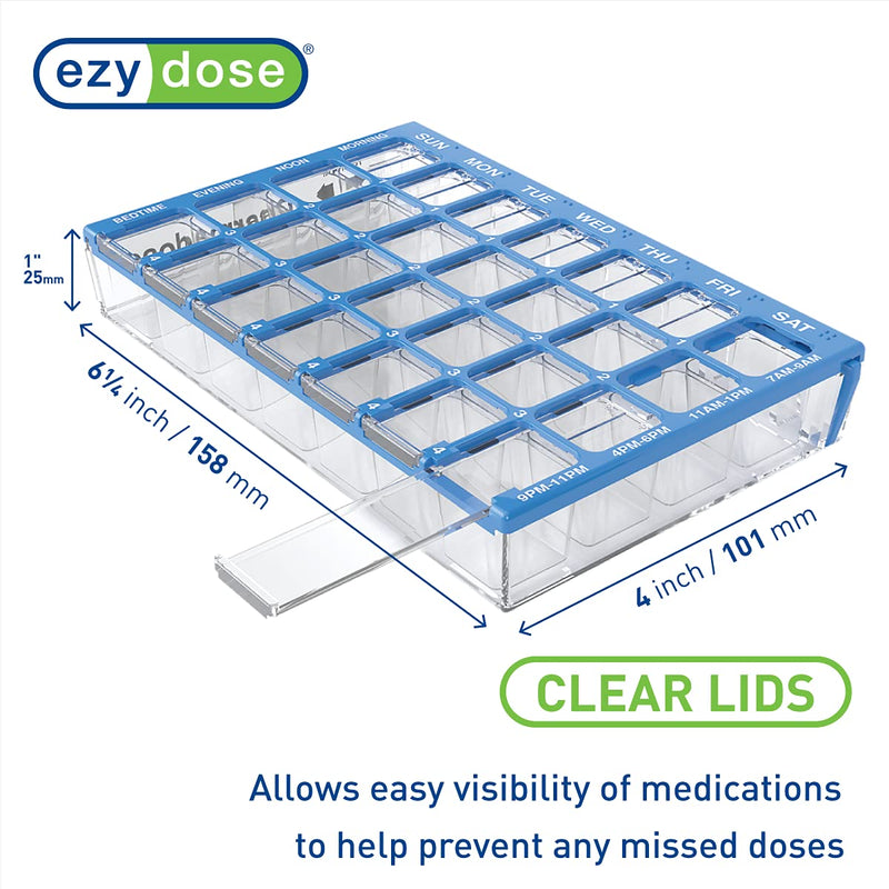 Ezy Dose Pharmadose Weekly 7-Day, 4X/Day Pill Organizer, Blue, Small | 28 Small Compartment Pill Case, Medicine Planner, Vitamin Organizer with Easy Fill Tray, BPA Free Small 6.25"x4"x1" (Pack of 1)