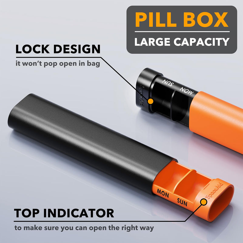 SpaceAid 2 Pack Pill Organizer Box 7 Day, Weekly Travel Pill Case Holder, 2 Times a Day AM PM Daily Pocket Pharmacy Dispenser Container for Pills, Vitamins and Medicine (Black, Orange) Small, 2 Pack Black and Orange