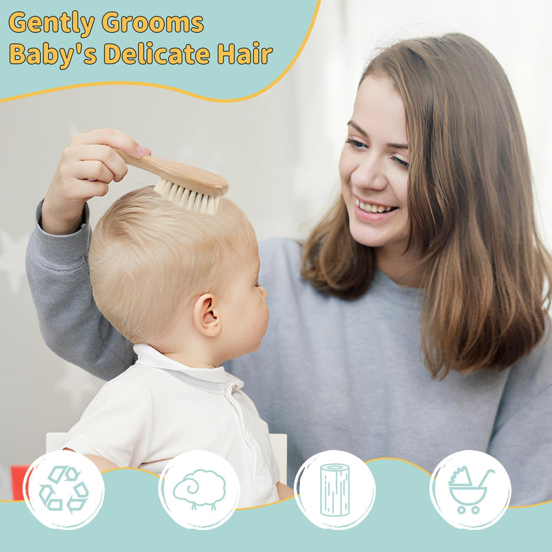 [Australia] - Cradle Cap Brush and Comb Set with Baby Hair Brush - 3-Piece Wooden Baby Brush Kit for Newborns and Infants 