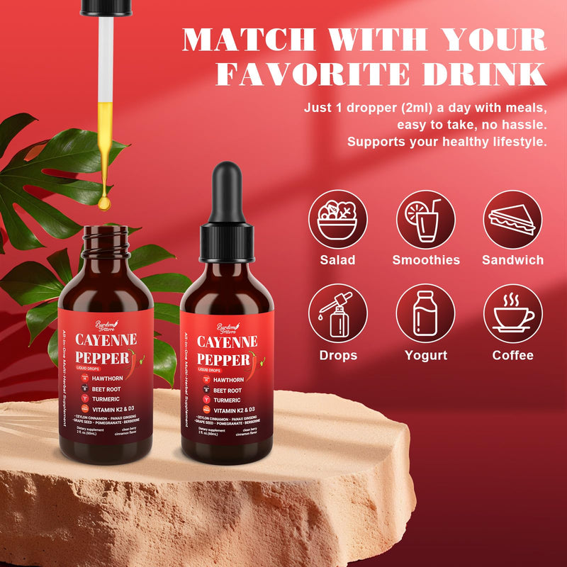[Australia] - Premium Cayenne Pepper Drops Supplement with Hawthorn, Beet Root, Turmeric, Vitamin K2 & D3, Ginseng, Ceylon Cinnamon ‚Äì Capsaicin Supplements for Wellness Support - 4 OZ 