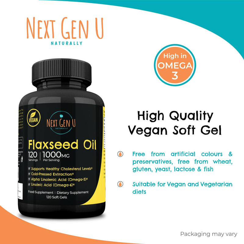 [Australia] - Next Gen U Flaxseed Oil w/Omega 3, 6, 9, Cold Pressed Dietary Health Food Supplement 1000 mg 120 Vegan Softgels 