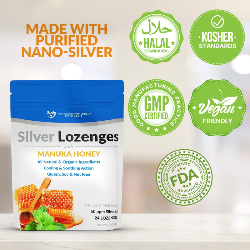 [Australia] - Silver Lozenges with Organic Manuka Honey and Vitamin C - All-Natural Nano Silver 45-50mcg of 60 PPM Colloidal Silver Mineral Drops to Support Immune System, Soothe, Cool Cough & Throat, 24-Lozenges 24 Count (Pack of 1) 