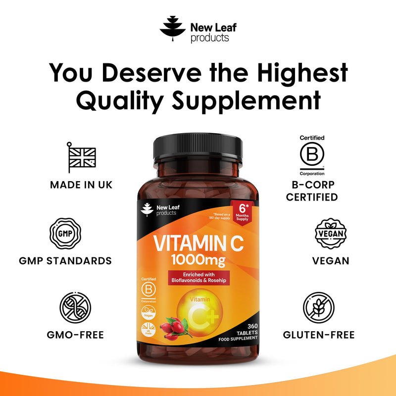 Vitamin C Tablets 1000mg - Enriched with Bioflavonoids & Rosehip - Premium Vitamin C Supplements - 360 Vegan Vitamin C Tablets High Strength Ascorbic Acid VIT C for Normal Immune System UK Made 360 count (Pack of 1)