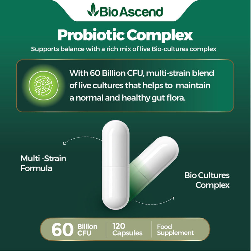 Gut Health & Digestive Support | Bio Cultures Complex Probiotics & Prebiotics | 60 Billion CFU | 2 Months Supply | 120 Capsules | Lactobacillus & Bifidobacterium Strains