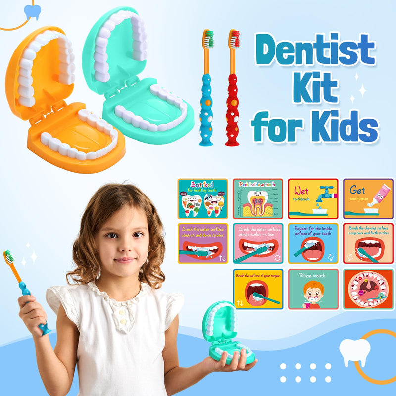 Skylety 2 Set Dentist Kit for Kids Dentist Play Set Dental Teeth Model with Toothbrush Child Dental Educational Card Standard Size Fake Brace Demonstration Teaching for Children Student (Cute Style) Cute Style
