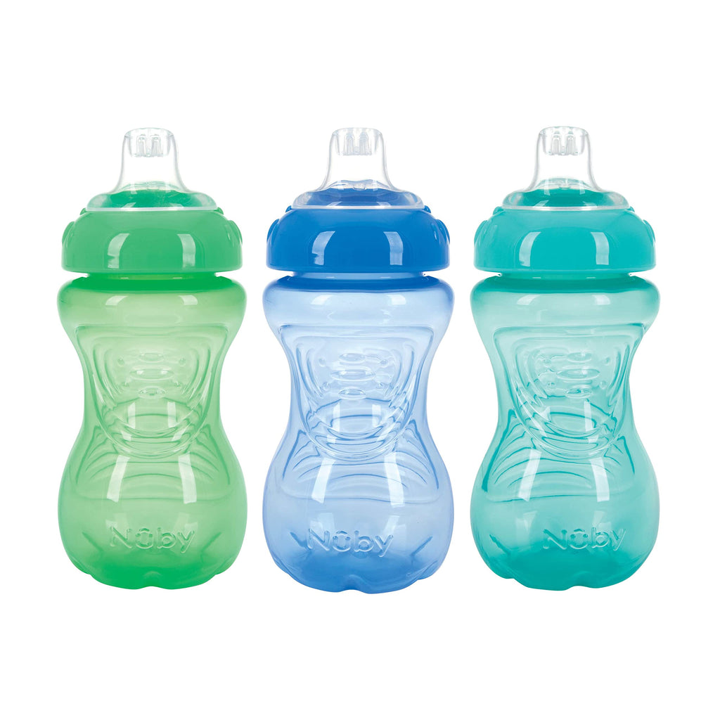 Nuby 3 Pack No Spill Toddler Sippy Cups - Toddler Cups Spill Proof with Easy and Firm Grip - BPA Free Toddlers Cups - Blue, Aqua, Green Boy