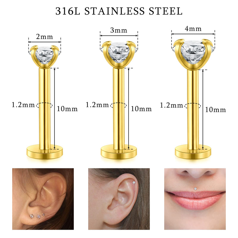 JIESIBAO Ear Piercing Kit, Disposable Safety Gold Self Ear Piercing Gun Kit with 16G CZ Crystal Surgical Steel Cartilage Tragus Helix Monroe Earrings Jewelry 3-gold