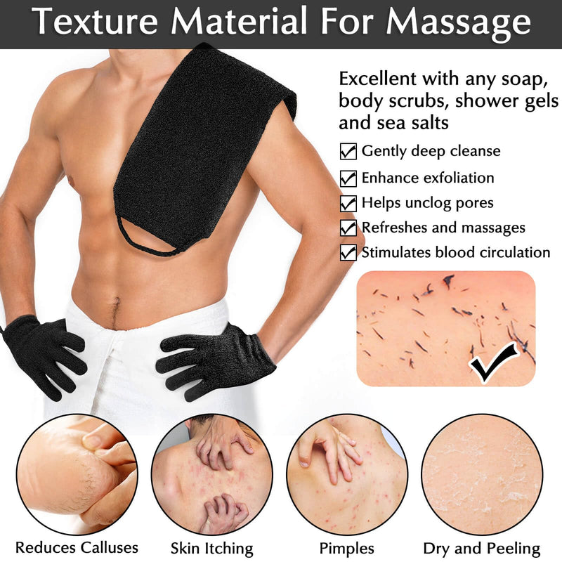 [Australia] - Anezus Exfoliating Back Scrubber Bath Gloves Set, Exfoliating Shower Towel with Shower Gloves for Body Scrub, Back Cleaner, Washing Gloves for Removing Dead Skin (Black) Black 