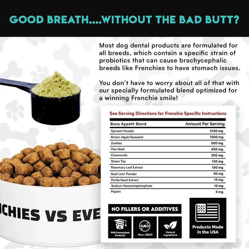 French Bulldog Optimized Dog Teeth Cleaning Powder Plaque Remover & Tartar Control - Dog Breath Freshener Strong Teeth & Gums - Dog Dental Powder Easy Teeth Cleaning - Herbal Blend - USA (60 Scoops) - PawsPlanet Australia