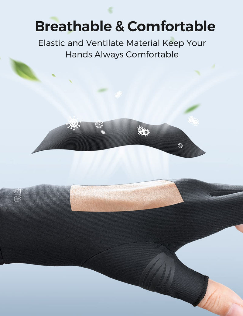 FREETOO Copper Arthritis Gloves for Carpal Tunnel Pain Relief, Strengthen Gloves to Alleviate Hand Pains,Swelling, Fingerless Computer Typing Gloves for Rheumatoid, Tendonitis Women/Men-L Black Large