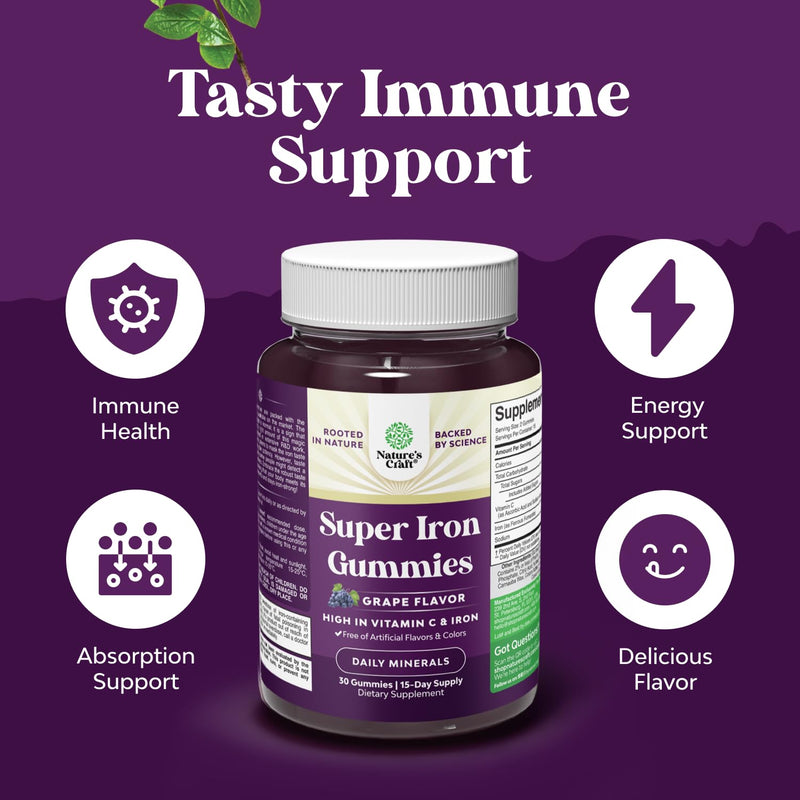 Bundle of Adults Fiber Gummies with Chicory Root Supplement for Digestive Health and Delicious Extra Strength Iron Gummies for Women and Men with Vitamin C & B Complex for Energy & Immune Support