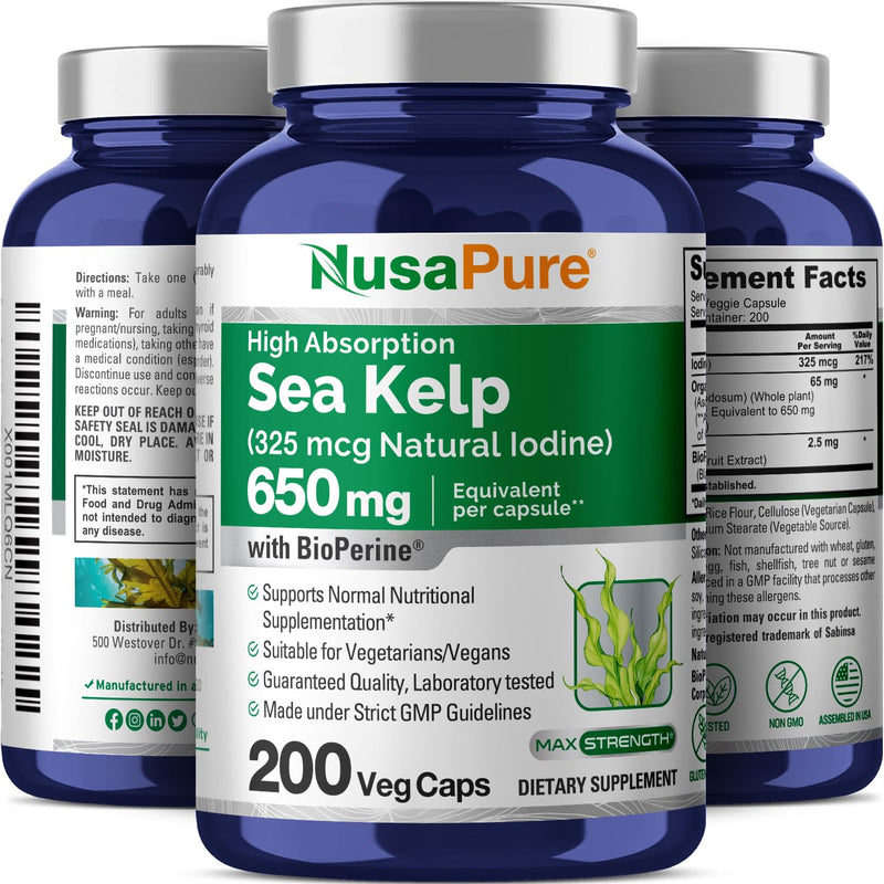 [Australia] - NusaPure Sea Kelp Iodine 325mcg per Veggie Capsule 200 Count (Non-GMO, Gluten Free, Organic Kelp, Bioperine) 