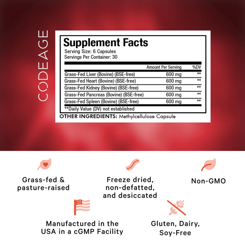 [Australia] - Codeage Grass Fed Beef Organs Supplement – Glandulars Supplements - Freeze Dried, Non-Defatted, Desiccated Liver, Heart, Kidney, Pancreas & Spleen Bovine Pills – Beef Vitamins - Non-GMO -180 Capsules 1 