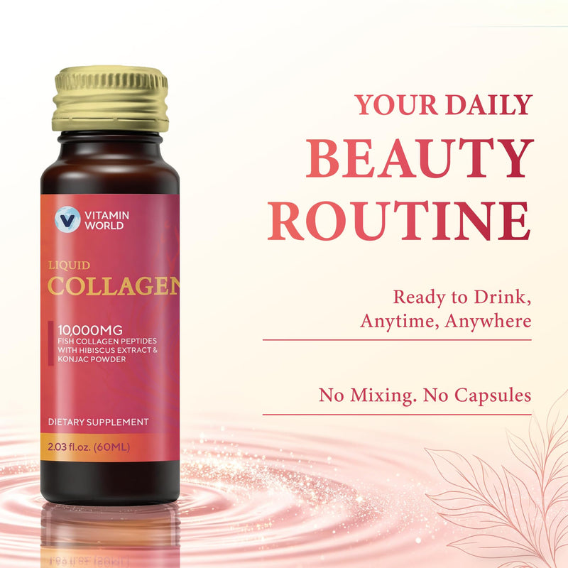 Vitamin World Liquid Collagen 10,000 mg, 2.03 fl oz x 10 Bottles | Marine Collagen Beauty Shot with Ceramides & Hibiscus Extract, Skin Hydration & Elasticity Support, Collagen Drink for Women
