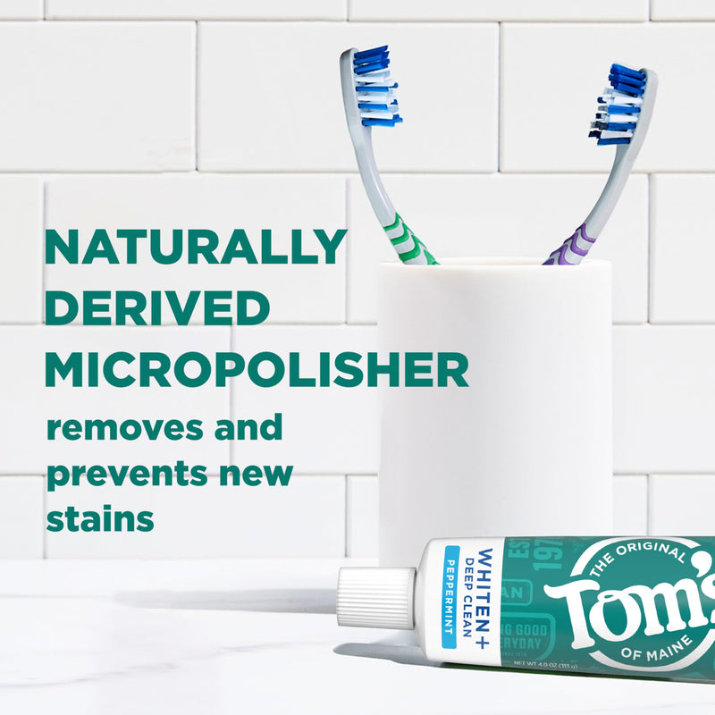 Tom's of Maine Whiten Plus Deep Clean Whitening Toothpaste, Natural Whitening Toothpaste with Plant-Based Cleansers, Enamel Safe, Whitens Without Causing Sensitivity, Peppermint, 4.0 oz (Pack of 3) Peppermint - Fluoride 4 Ounce (Pack of 3)
