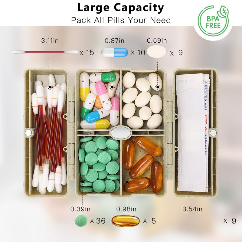FYY Travel Pill Organizer, 6 Compartments Pill Case with Blank Lables-Khaki | Easy to Use, Privacy Protection Medicine Pill Organizer for Medication, Vitamins, Fish Oils,Supplements,Cotton Swabs,Bandages Khaki M
