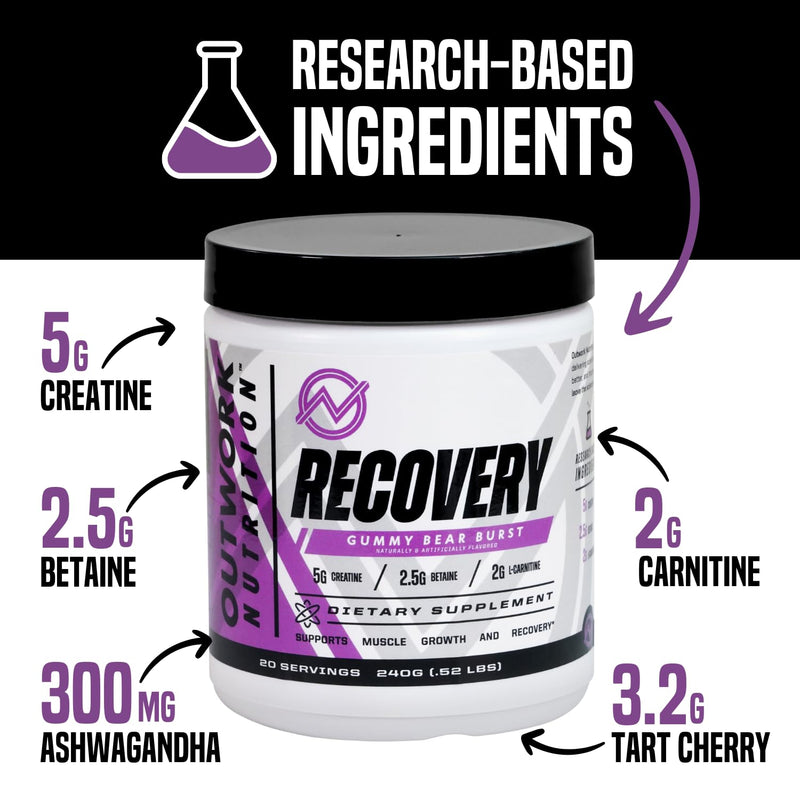 [Australia] - Outwork Nutrition Post Workout Recovery Powder - Creatine Monohydrate, KSM-66 Ashwagandha & Tart Cherry - Speeds Recovery, Eases Soreness - Creatine Powder for Men & Women, Gummy Bear Burst, 230 Gr 