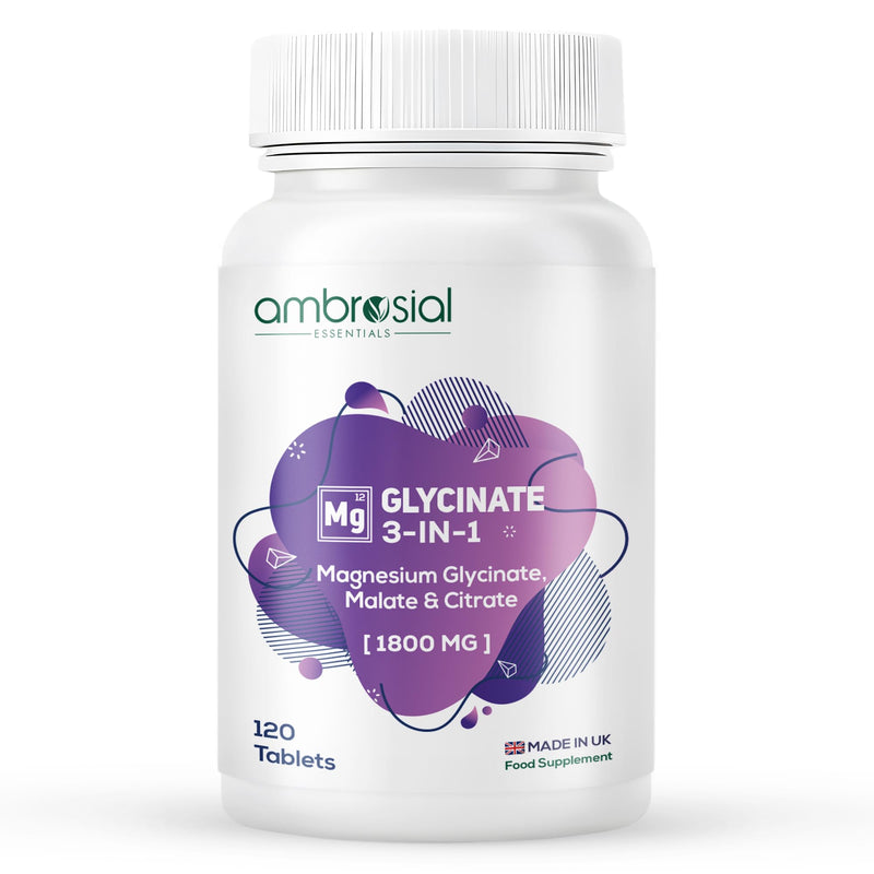 Ambrosial Magnesium Glycinate 3-in-1 Complex 1800 mg – Triple Magnesium Supplement with Glycinate, Citrate & Malate – 384 mg Elemental Mag. – UK Made, GMP Certified – 120 Tablets