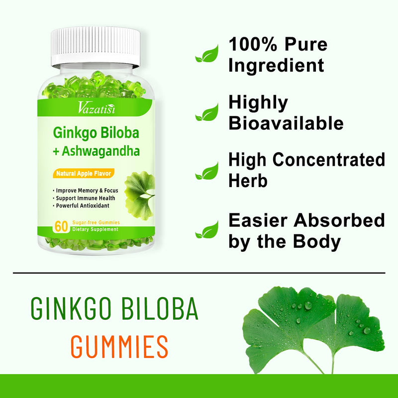 [Australia] - 2 Pack Ginkgo Biloba Gummies with Panax Ginseng Maca Root for Better Mood & Focus,Traditional Energy Booster and Brain Health, Ginkgo Biloba Supplements Vegan, Non-GMO, Natural Apple Flavor 60 Count (Pack of 2) 