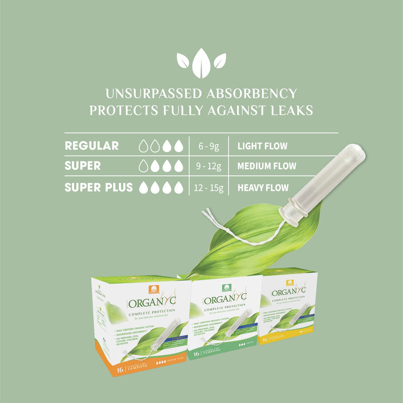 Organyc 100% Certified Organic Cotton Tampons, Plant-Based Eco-Applicator, Super Flow, 16 Count