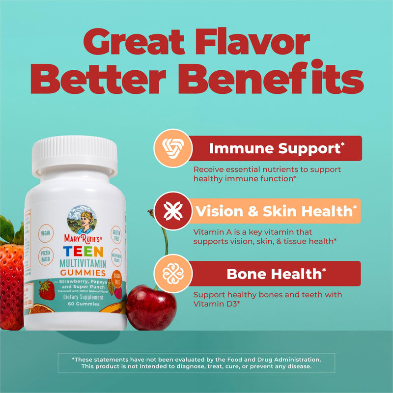 MaryRuth's Teen Multivitamin Gummies, Vegan, Sugar Free, Non-GMO, 60 Count | Supports immune, vision, skin, and tissue health with essential vitamins and minerals