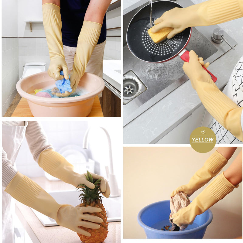 [Australia] - Bamllum 3 Pairs of Rubber Dishwashing Gloves for Kitchen and Household Cleaning – Long Cuff 15", Reusable, Flexible Long-lasting and Non-Slip (Red+Yellow+Green, Large) Red+yellow+green 