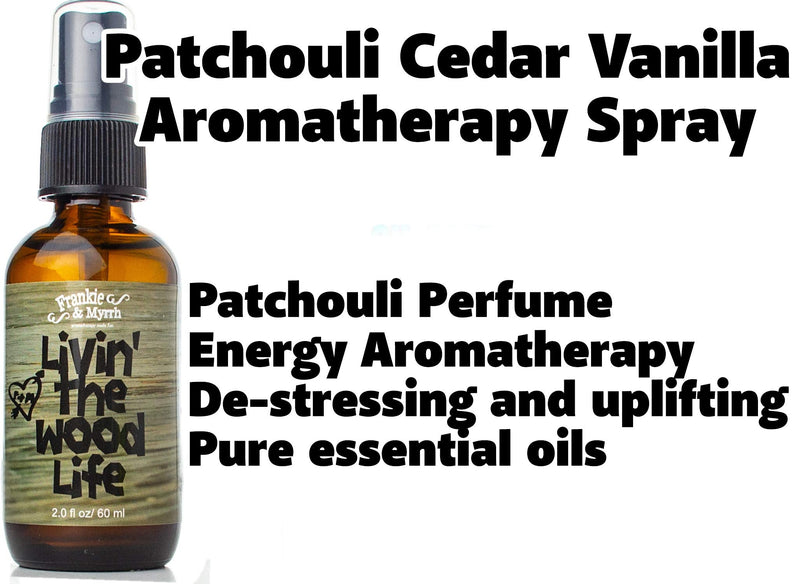 Frankie & Myrrh Livin' The Wood Life Aromatherapy Spray - Patchouli, Vanilla, Sandalwood, Cedar. Relaxation and Meditation Essential Oil Freshwater Mist. 100% Pure Oils. Patchouli, Vanilla, Cedar, Sandalwood 2 Fl Oz (Pack of 1)