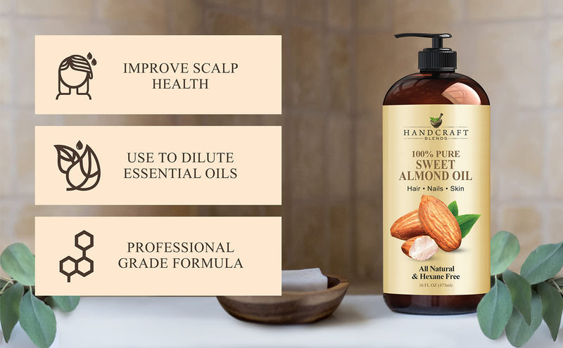 [Australia] - Handcraft Blends Sweet Almond Oil - 16 Fl Oz - 100% Pure and Natural - Premium Grade Oil for Skin and Hair - Carrier Oil - Hair and Body Oil - Massage Oil - Hexane-Free Sweet Almond 16 Fl Oz (Pack of 1) 