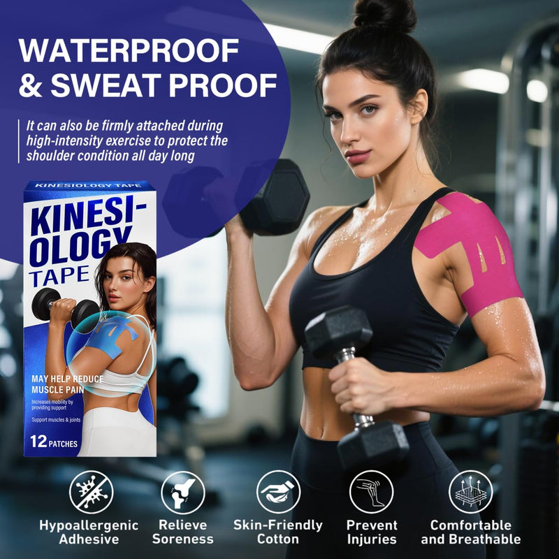 12 PCS Kinesiology Tape for Shoulder,Shoulder Pain Relief Tape, Original Cotton Knee Pain Relief Tape, Flexible and Durable Athletic Tape for Pain Support and Muscle Movement 12 PCS