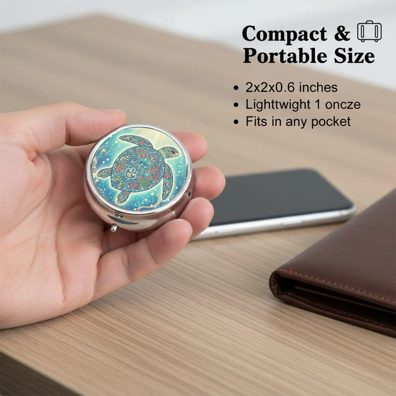 Round Pill Case Small Pill Box with Mirror Pocket 3 Compartment Vitamin Pill Medicine Case Organizer Pill Containers for Traveling Mandala Sea Turtle One Turtle Mandala One
