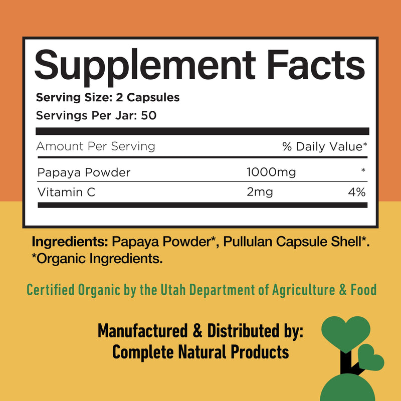 [Australia] - Complete Natural Products Organic Papaya Enzymes & Papain Enzyme Capsules - 500mg 100 Pills, Organic Papaya Powder Digestive Super Fruit Capsules 
