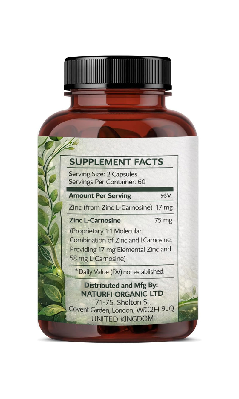 Naturfi Organic Zinc L-Carnosine Supplement 75mg Per Serving – High Potency Zinc Carnosine Capsules – Premium Quality Daily Zinc Complex – Easy to Swallow (120 Capsules (Pack of 1)) 120 Capsules (Pack of 1)