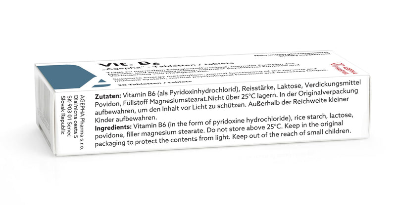 Vitamin B6 by AGEPHA Pharma | 20mg Pyridoxine Tablets | Vitamin B6 Deficiency Tablets for Diabetics and Pregnant | Specially Micronized for Easy Intake | 20 Tablets | Highest Grade EU Quality
