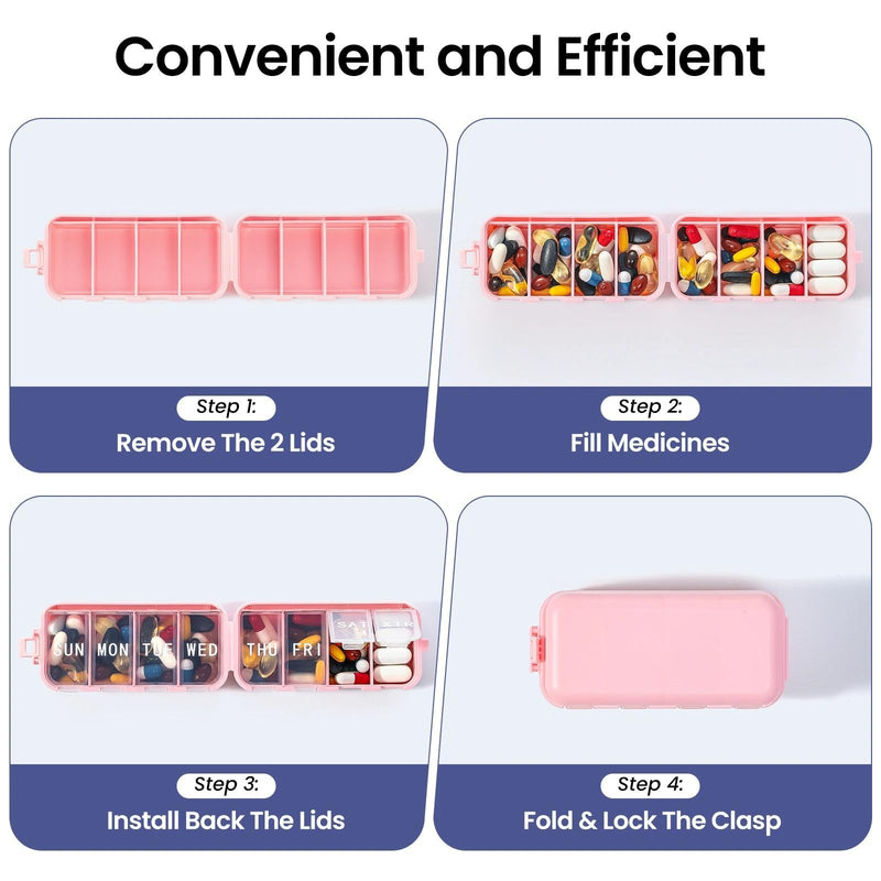 Foldable & Portable Weekly Pill Organizer, Week Daily 7 Day Travel Pill Box | 1 Time A Day, with 1 Extra Compartment, Double Lock, Large Medicines Case Holder Dispenser for Med, Vitamin, Supplement, Pink